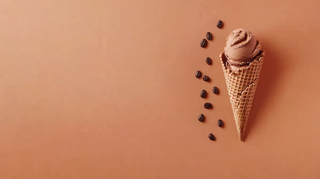 Coffee Ice Cream In A Waffle Cone On An Orange Background Decorated With Coffee Beans. Top View.の素材