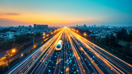 Smart Cityscape at Sunset, Futuristic Hyperloop Pod, Digital Network, Transport Technologyの素材