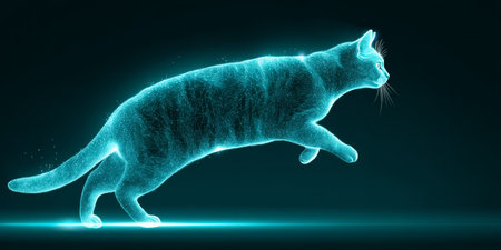 Holographic Cat Gliding, Futuristic Technology of Pet in Digital Form. 3D Render Illustration.の素材