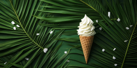 Coconut Ice Cream Cone on Tropical Palm Leaf Background with White Flowers. Summer Dessert Concept.の素材