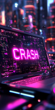 Open Laptop Displaying Neon Crash Message on the Screen against a Futuristic City Backgroundの素材