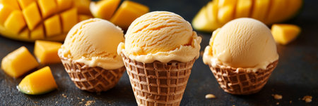 Refreshing Mango Ice Cream Scoops in Waffle Cones on Dark Background, Summer Dessert Treatの素材