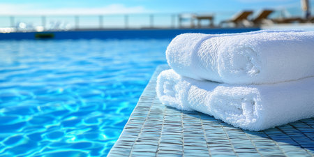 White Terry Towels By The Edge of a Swimming Pool on a Sunny Summer Day, Vacation Concept.の素材