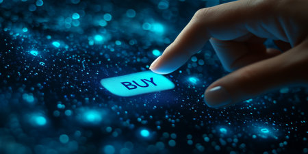 Customer Pushing Buy Option, Virtual Button for Online Purchase on Digital Background.の素材
