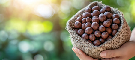 Hand Holding Burlap Sack Filled With Fresh Harvest Of Macadamia Nuts, Green Nature Backgroundの素材