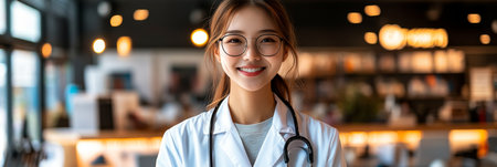 Portrait of a Confident Young Asian Female Doctor Smiling in a Modern Hospital Settingの素材