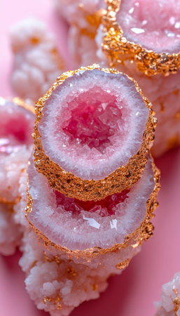 Pink and Gold Luxury Sparkling Agate Slices with Crystallized Centers on Pink Backgroundの素材