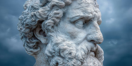 Sculpted Head of Zeus, God of The Sky And Ruler Of Heavens, Conveying The Weight Of Majestyの素材