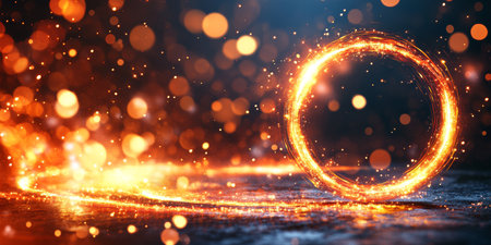 Abstract Circular Fire Loop with Golden Glitter and Particles, Trail Fire Effect on Dark Backgroundの素材