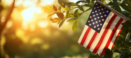 American Flag Waving in the Summer Breeze, Patriotism and Remembrance on Memorial Dayの素材