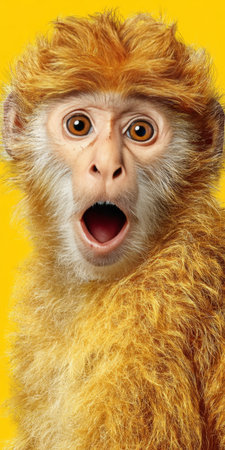 Portrait of Surprised Shocked Golden Monkey With Open Mouth And Big Eyes On Yellow Backgroundの素材