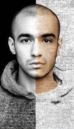 Double Exposure Portrait, Man Merging with Digital Code Technology and Cybersecurity Conceptの素材