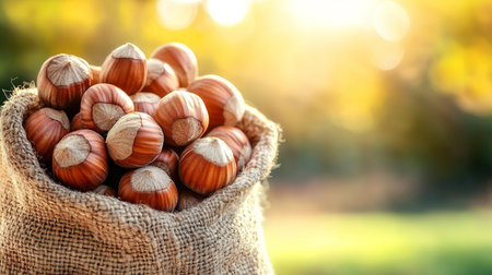 Ripe Hazelnuts in a Burlap Sack, Autumn Harvest on a Hazelnuts Plantation Background,の素材