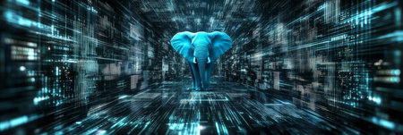 Blue Elephant Stands in Abstract Digital Space, Symbolizing the Power of Artificial Intelligence.の素材