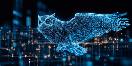Blue Holographic Owl Soaring Through Digital Space, A Symbol of Modern Technologies and Innovationの素材
