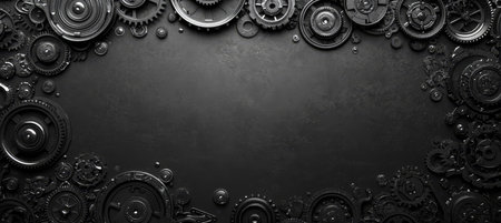 Sleek Metallic Gears on Black Background, Frame With Copy Space for Mechanics or Industryの素材
