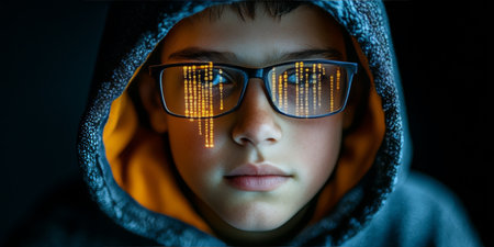 Teen Hacker In Hoodie Double Exposure Portrait With Binary Code Reflection In Glassesの素材