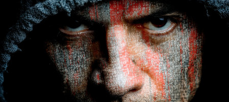 Cybersecurity Threat, Hacker In The Digital World, Double Exposure Portrait with Binary Codeの素材