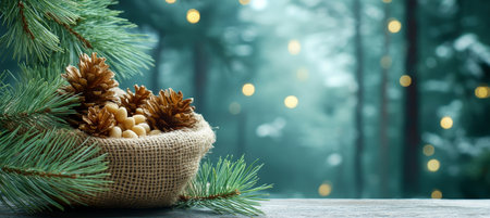 Pine Cones, Nuts in Burlap Sack on Pine Forest Background With Copy Space On Right Sideの素材