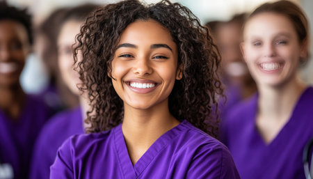 Diverse Medical Team Confident Nurses in Purple Scrubs, Healthcare Professionals Unitedの素材