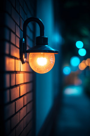 Illuminated Brick Wall, Vintage Street Lamp Casting Warm Glow at Night, Urban Backgroundの素材