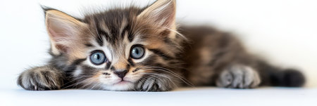 Portrait of an Adorable Grey Fluffy Kitten Posing on a White Background, vibrant pet portraitの素材