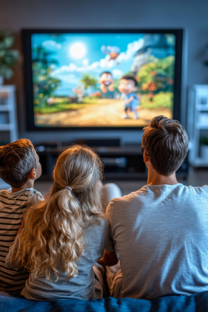 Family Movie Night Parents And Children Watching Animated Movie, Enjoying Quality Time Togetherの素材