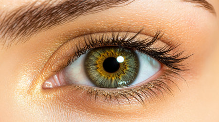 Close-up of Woman s Eye, Natural Makeup, Sparkling Eyeshadow, Hazel Green Look, Health and Beautyの素材