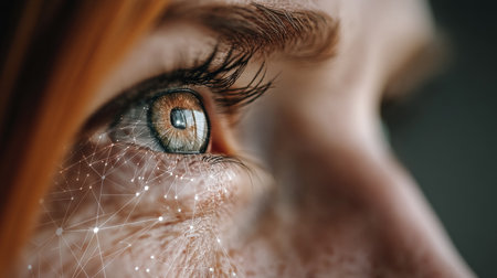 Woman s Eye With Glowing Neural Network, Artificial Intelligence and Technology Concept.の素材