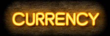 CURRENCY in Glowing Yellow Neon on a Textured Grunge Wall Background, Financial Conceptの素材