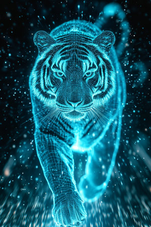 Holographic Blue Tiger in Digital Space, Future Technology, and Abstract Wildlife Illustration.の素材