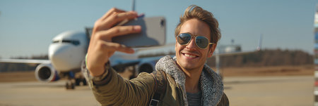 Happy Tourist At Airport Taking Selfie. Young Handsome Man Making Photo In Front Of Airplaneの素材