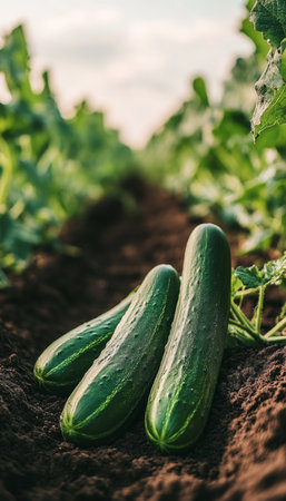 Freshly harvested cucumbers, farm to table, organic vegetables, healthy eating on a sunny day.の素材