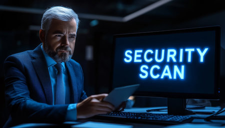 Experienced Cybersecurity Professional Conducting Security Scan on Computer, Glowing Textの素材