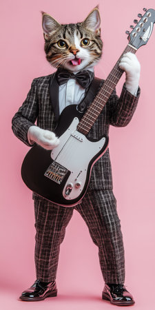 Studio Portrait of a Stylish Cat Guitarist, Ready to Rock His Guitar on a Pink Backgroundの素材