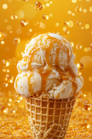Delicious Caramel Swirl Ice Cream Cone Drizzled with Golden Caramel on a Sparkling Yellow Backgroundの素材