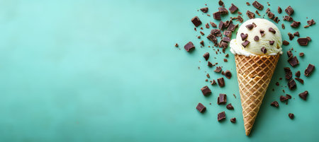 Mint Chocolate Chip Ice Cream Scoop in Waffle Cone on Green Background with Chocolate Pieces,の素材