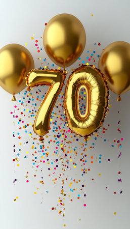 Golden Number 70 Balloons With Confetti, Celebration Background for Birthday or Anniversaryの素材