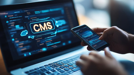 Businessman Accessing Cloud-Based Content Management System CMS Software via Mobile Deviceの素材