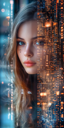 Woman Merging with Digital Data, Cybersecurity Concept Double Exposure Portrait on Blue Backgroundの素材