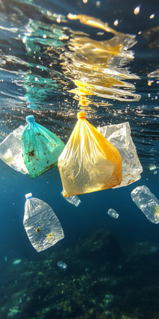 Plastic Pollution in Ocean, Plastic Bags and Microplastics Underwater in Sea, Environmental Problemの素材