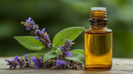 Clary Sage Essential Oil in Glass Bottle on Rustic Wood, Accompanied by Fresh and Dried Flowersの素材