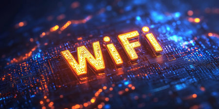 WiFi Technology On A Circuit Board Glowing Orange Text On A Futuristic Blue Digital Backgroundの素材