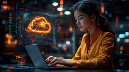 Focused Asian Woman Working Late on Laptop, Cloud Computing Symbol, Technology Conceptの素材