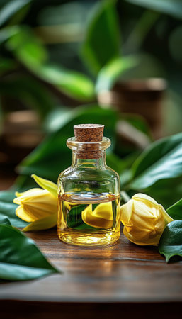 Luxurious Aromatherapy Ylang Ylang Essential Oil in Glass Bottle with Fresh Flowers on Tableの素材