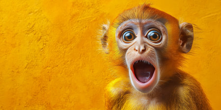 Portrait of a Surprised Golden Monkey With Open Mouth and Wide Eyes, Isolated on Yellowの素材