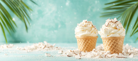 Two Coconut Ice Cream Scoops in Waffle Cones on a Tropical Beach Scene with Coconut Flakesの素材