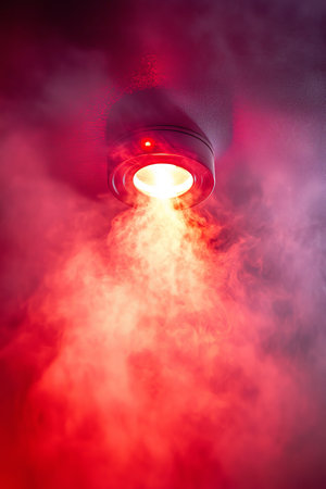 Red Emergency Home Smoke Detector Blaring with Smoke Billowing, Ceiling Perspective.の素材