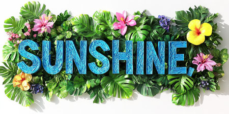 Sunshine Tropical Wall Decor Lush Green Foliage with 3D Text, Natural Lighting, Studio Shotの素材