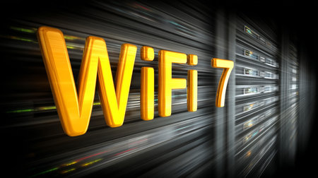 High-Speed Data Connectivity and Networking WiFi 7 Logo Against a Blurred Server Rack Background,の素材